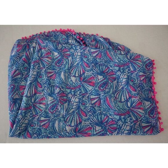 Lilly Pulitzer Women's Blue/Pink PomPom My Fans Lightweight Beach Cover-Up/Scarf - Picture 3 of 8